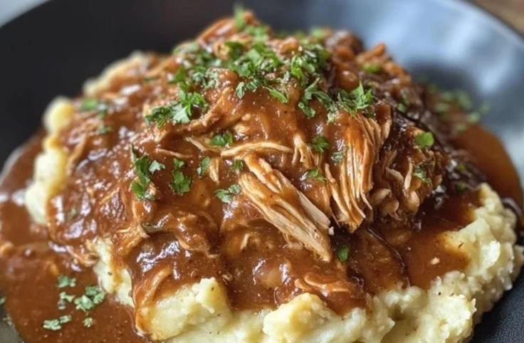 Plat de sauce au poulet effiloché avec purée de pommes de terre crémeuse