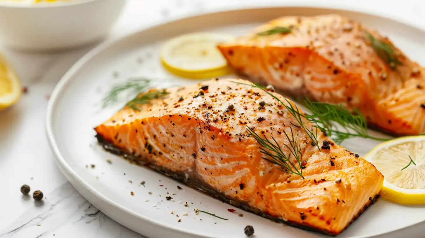 Pavés de saumon au four dorés, servis avec citron et aneth sur un plan de travail en marbre blanc, lumière douce, cuisine moderne.