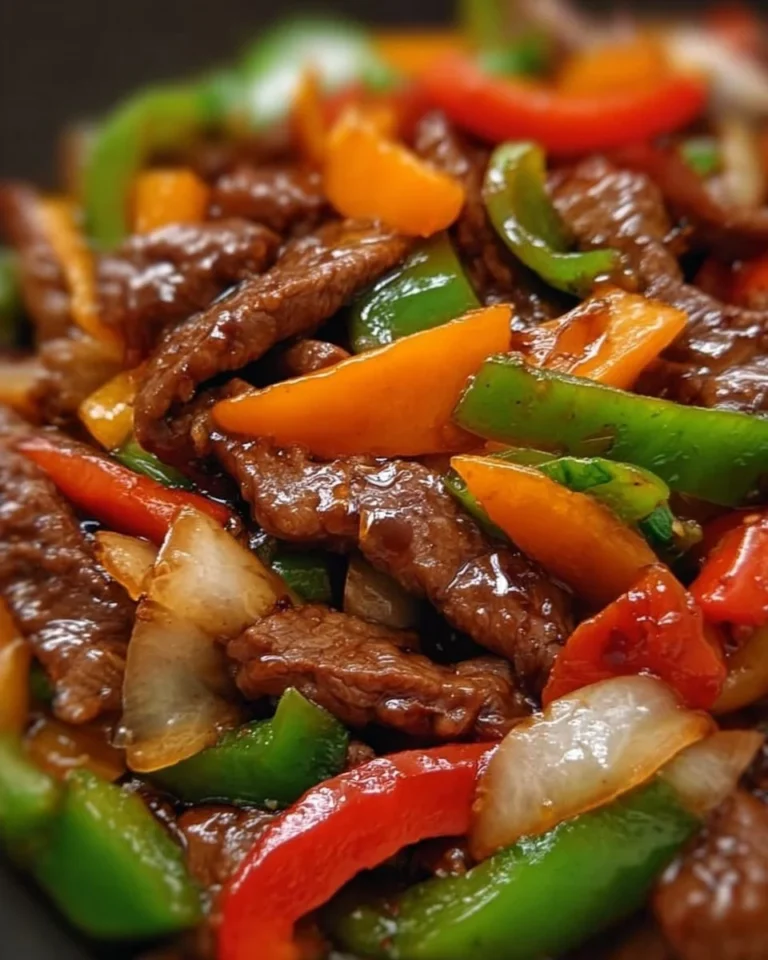 Sauté de Bœuf aux Poivrons et Oignons sur une assiette