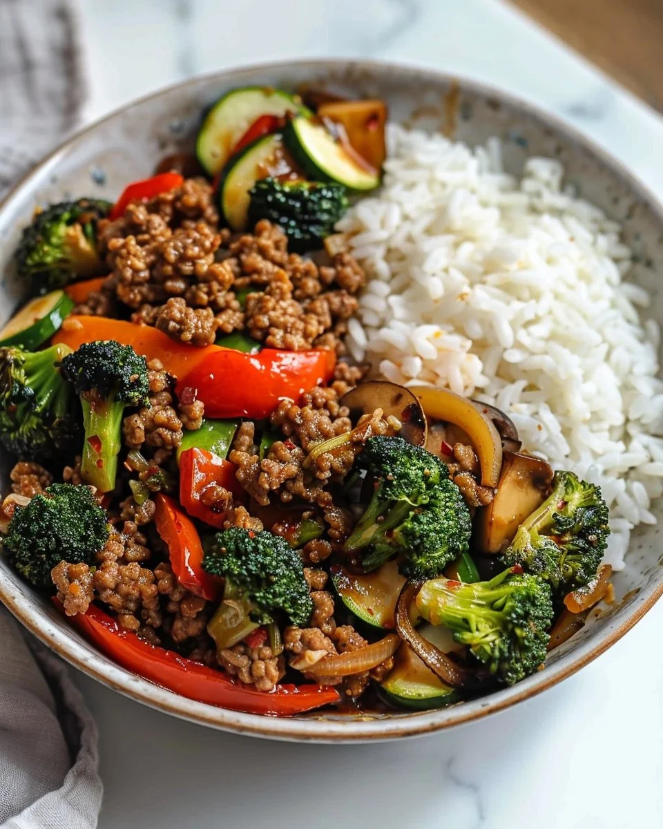 Sauté de viande hachée épicée avec légumes à l'ail et riz vapeur servi dans une assiette.