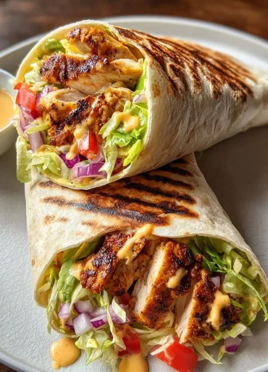 Shawarma de poulet juteux servi avec des légumes frais et sauces