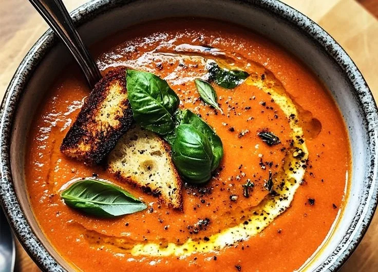 Soupe de tomates rôties inspirée par Gordon Ramsay dans un bol élégant.