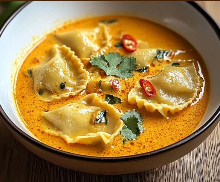 Soupe thaï au curry avec raviolis à la noix de coco dans un bol
