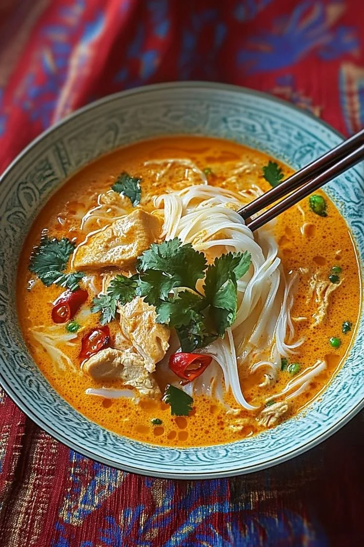 Soupe thaïlandaise au poulet et lait de coco dans un bol savoureux
