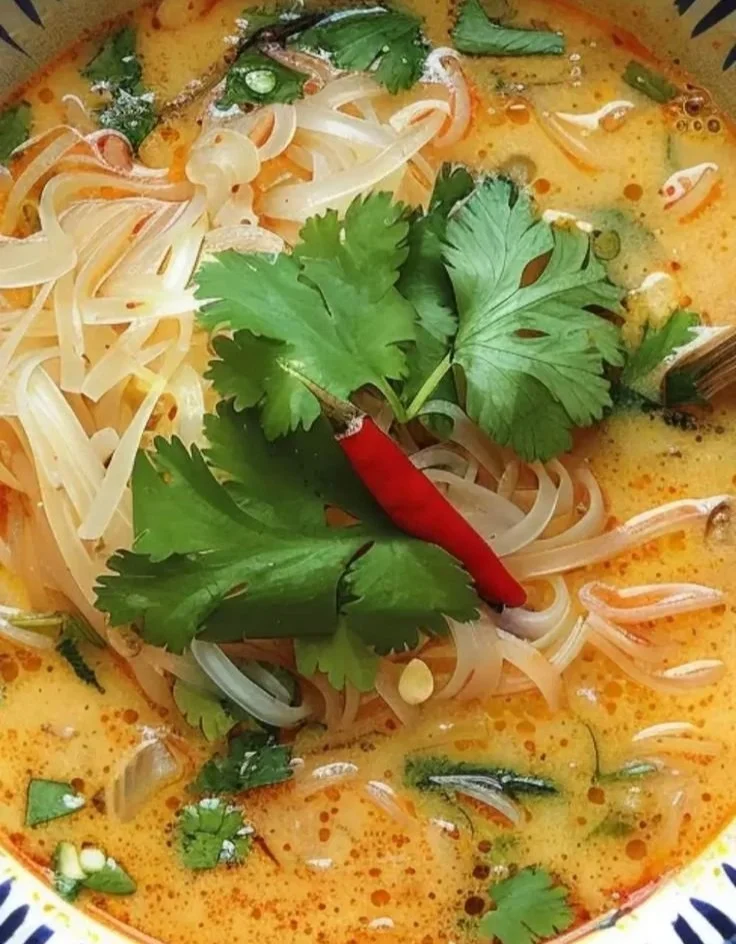Soupe thaïlandaise fraîche et simple, garnie d'herbes et de légumes