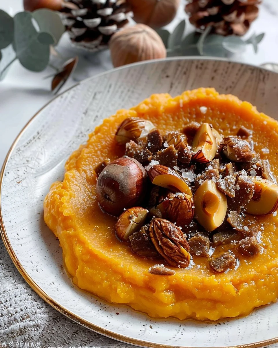 Purée de patate douce avec des marrons dans un bol décoratif