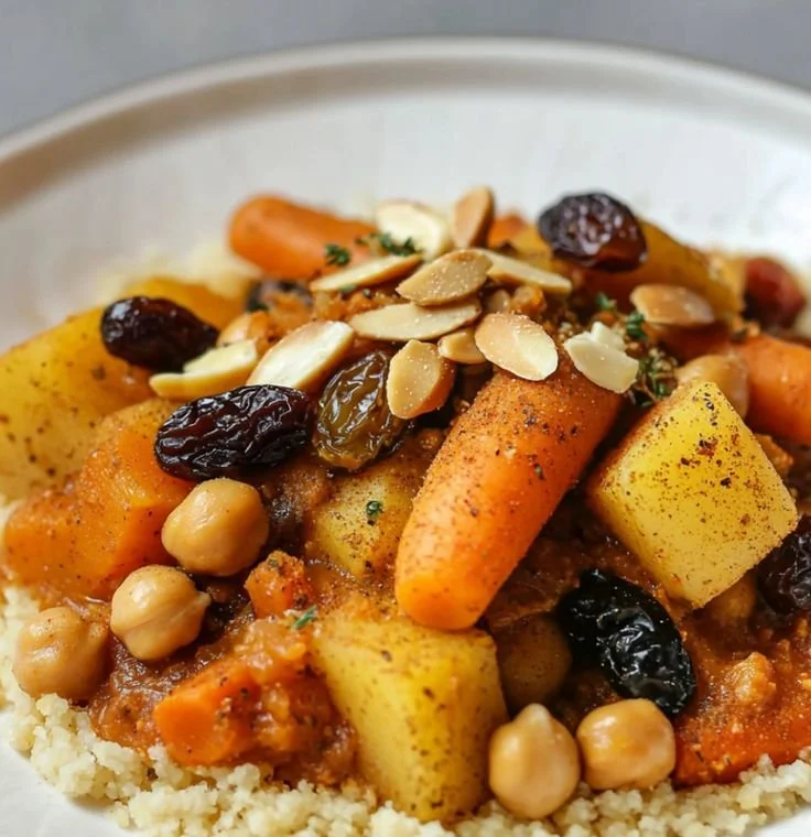 Tajine de légumes d'automne coloré et savoureux sur table en bois.