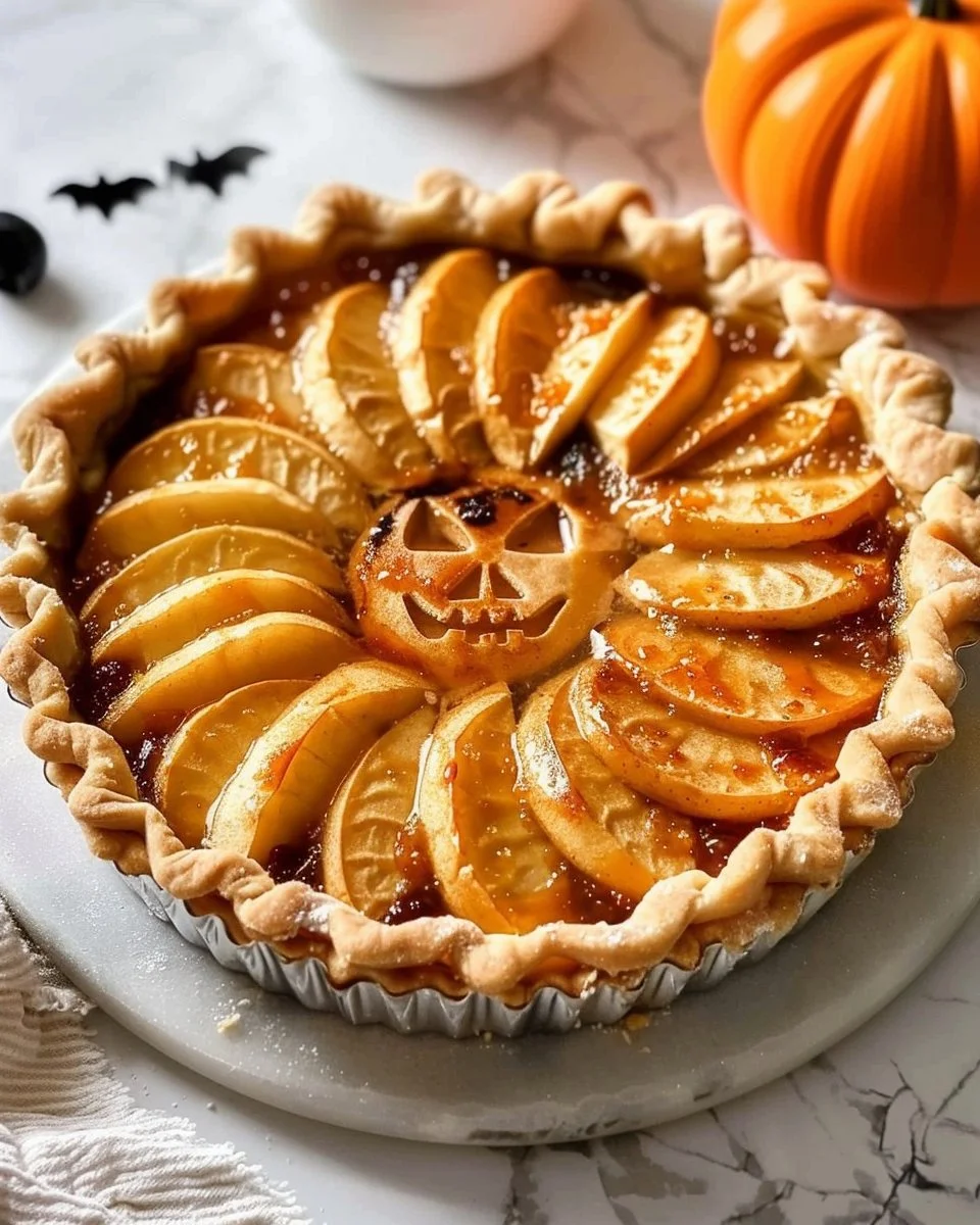 Tarte aux pommes d'Halloween décorée de citrouilles et d'épices
