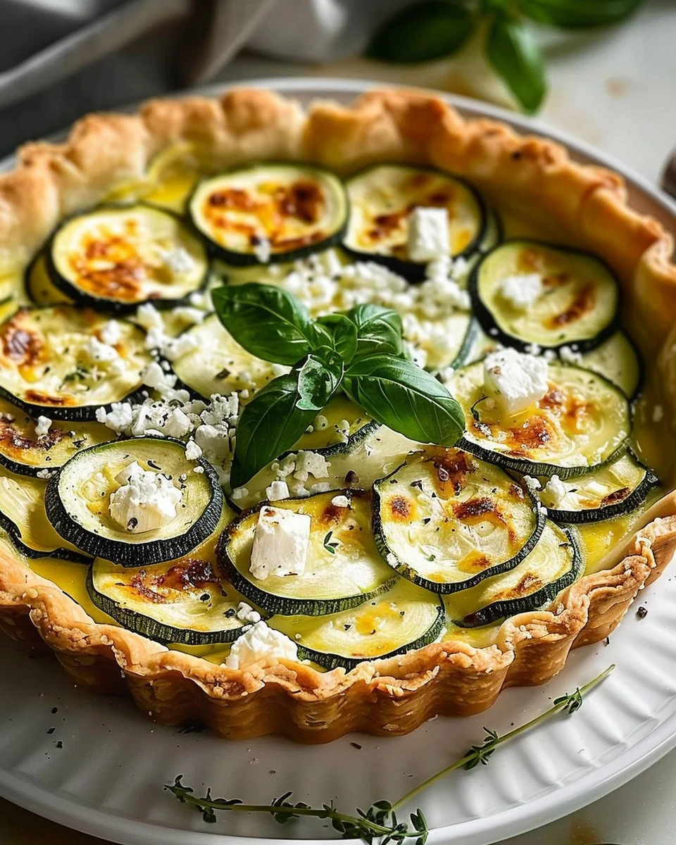 Tarte courgette feta garnie de courgettes et de feta sur une pâte dorée