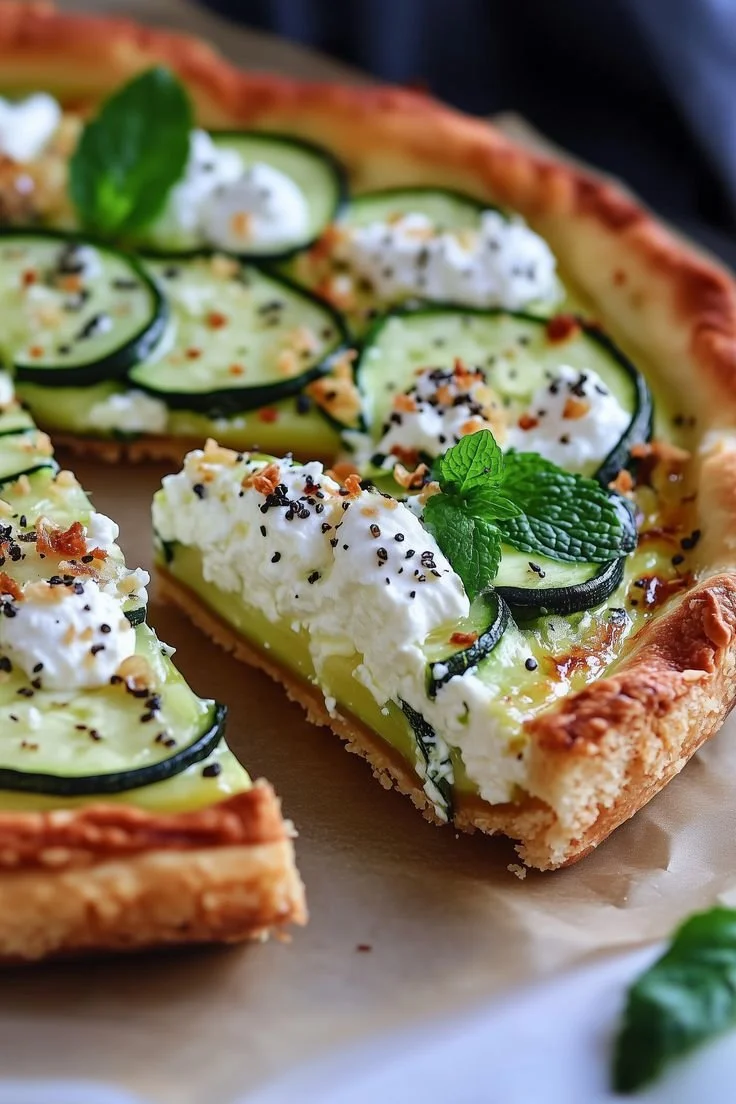 Tarte courgette ricotta et menthe fraîche, un plat savoureux et léger.