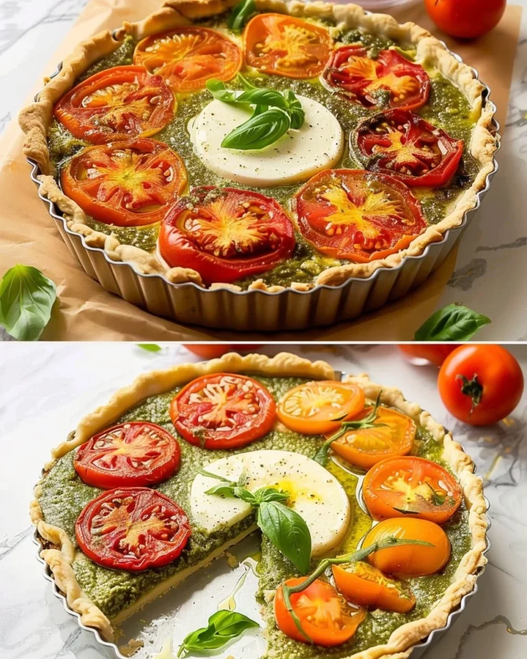 Tarte tomate pesto et mozzarella fraîchement préparée, garnie de basilic