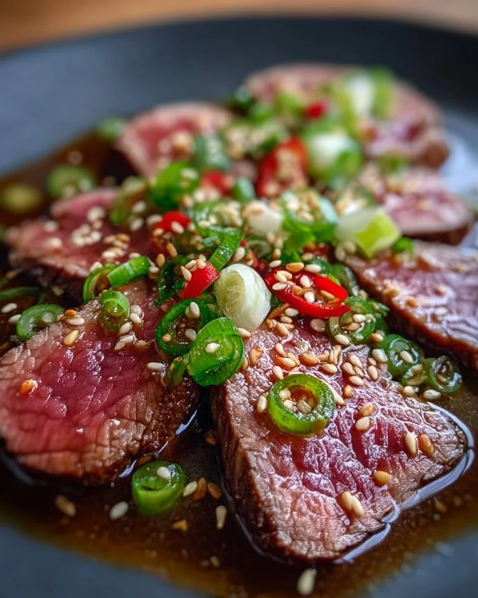 Tataki de bœuf mariné aux saveurs asiatiques sur une assiette élégante