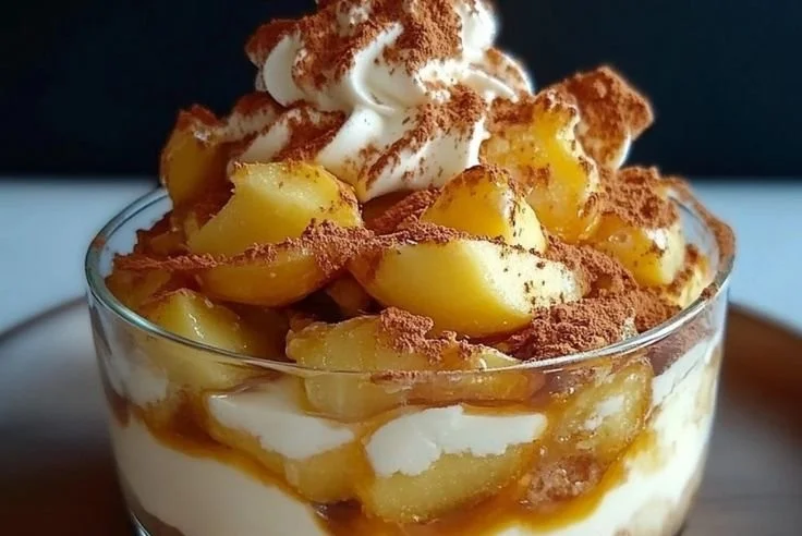 Tiramisu caramel avec beurre salé et pommes poêlées, un dessert raffiné.