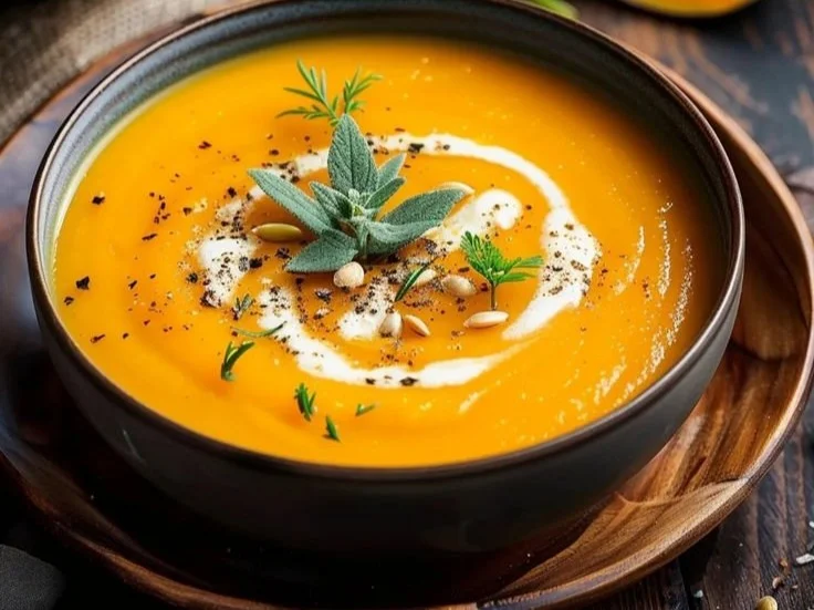 Velouté de butternut aux épices dans un bol, garnie de morceaux de pain et de crème