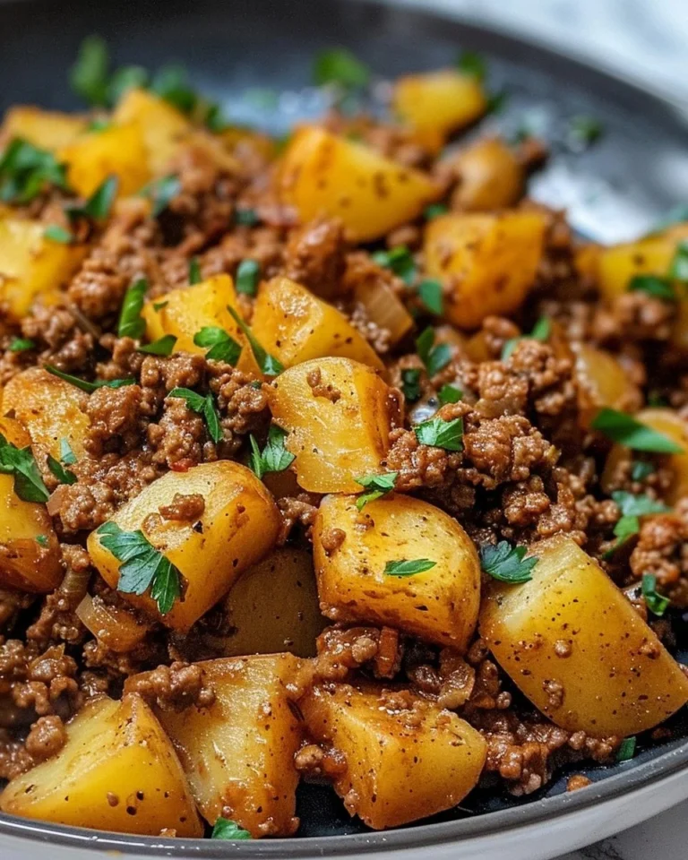 Assiette de viande hachée aux pommes de terre, plat savoureux et réconfortant.