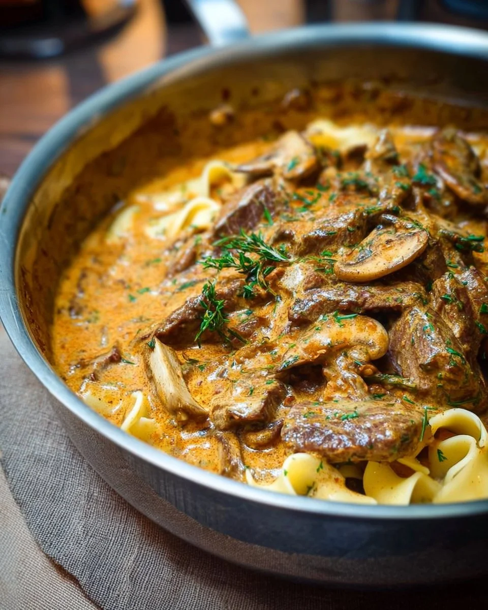 Plat de Boeuf Stroganoff avec sauce crémeuse et champignons