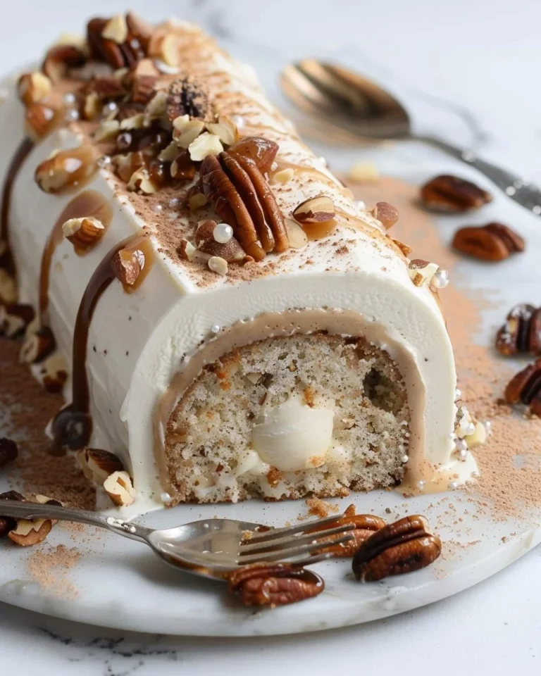 Bûche de Noël vanille caramel pécan garnie de noix de pécan