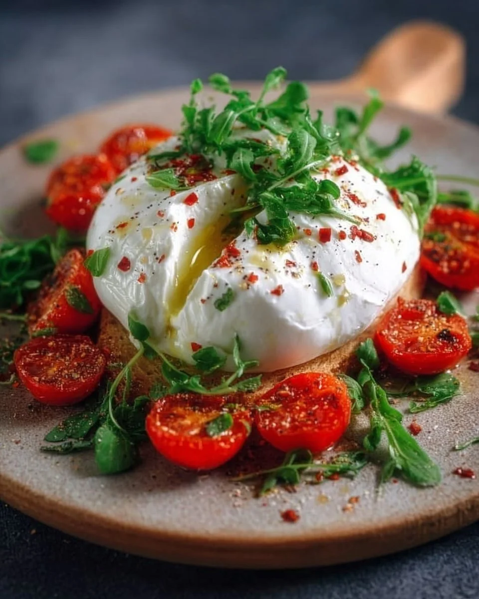 Burrata Maison crémeuse servie avec des tomate et basilic frais