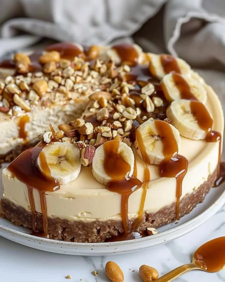 Cheesecake banane caramel noix sur une assiette avec garniture