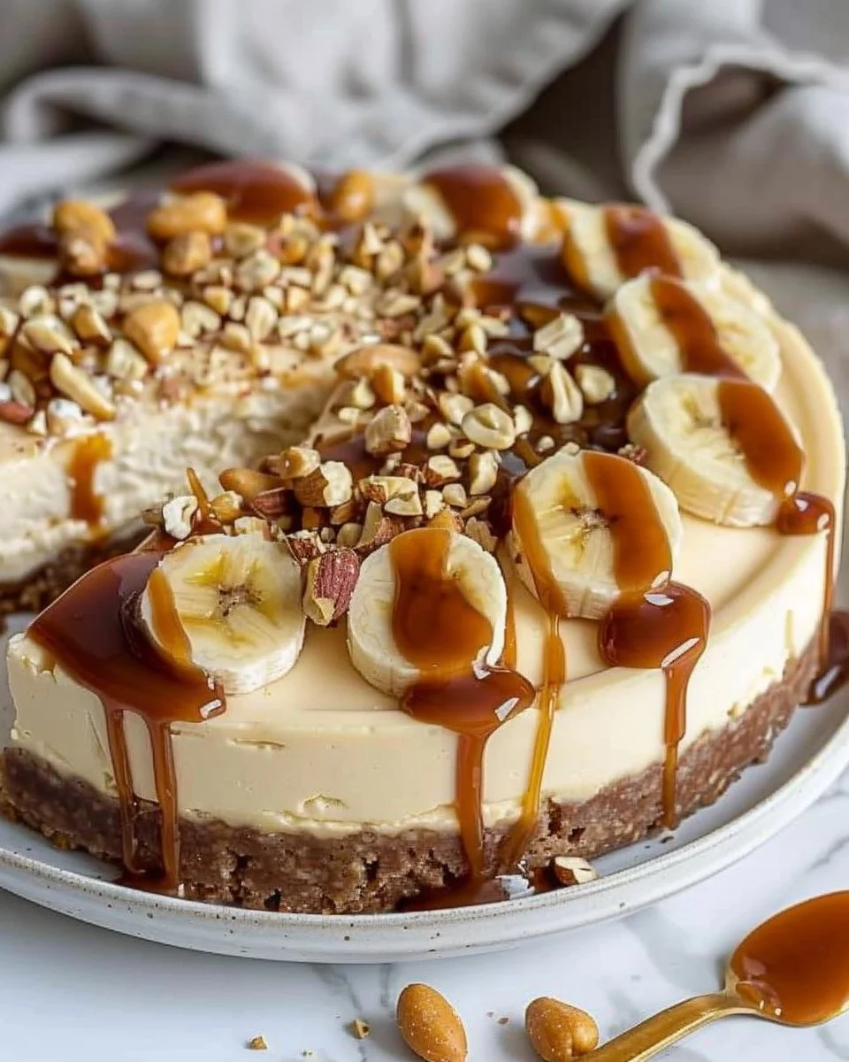 Cheesecake banane caramel noix sur une assiette avec garniture