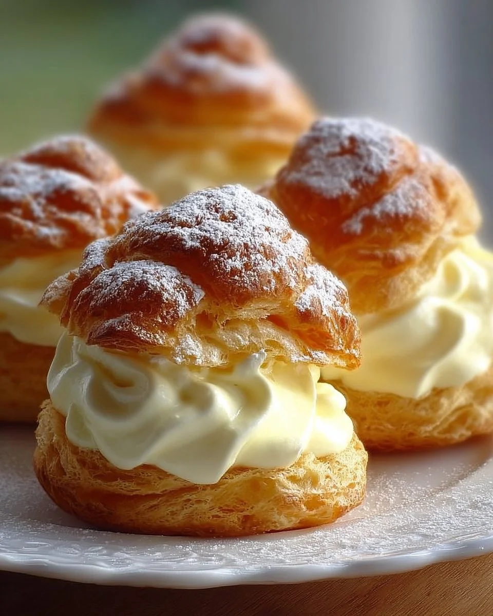 Choux à la crème pâtissière garnis de crème onctueuse sur une assiette