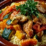 Couscous de poulet aux légumes servi dans un plat traditionnel.