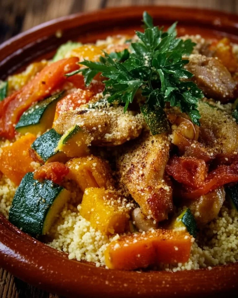 Couscous de poulet aux légumes servi dans un plat traditionnel.