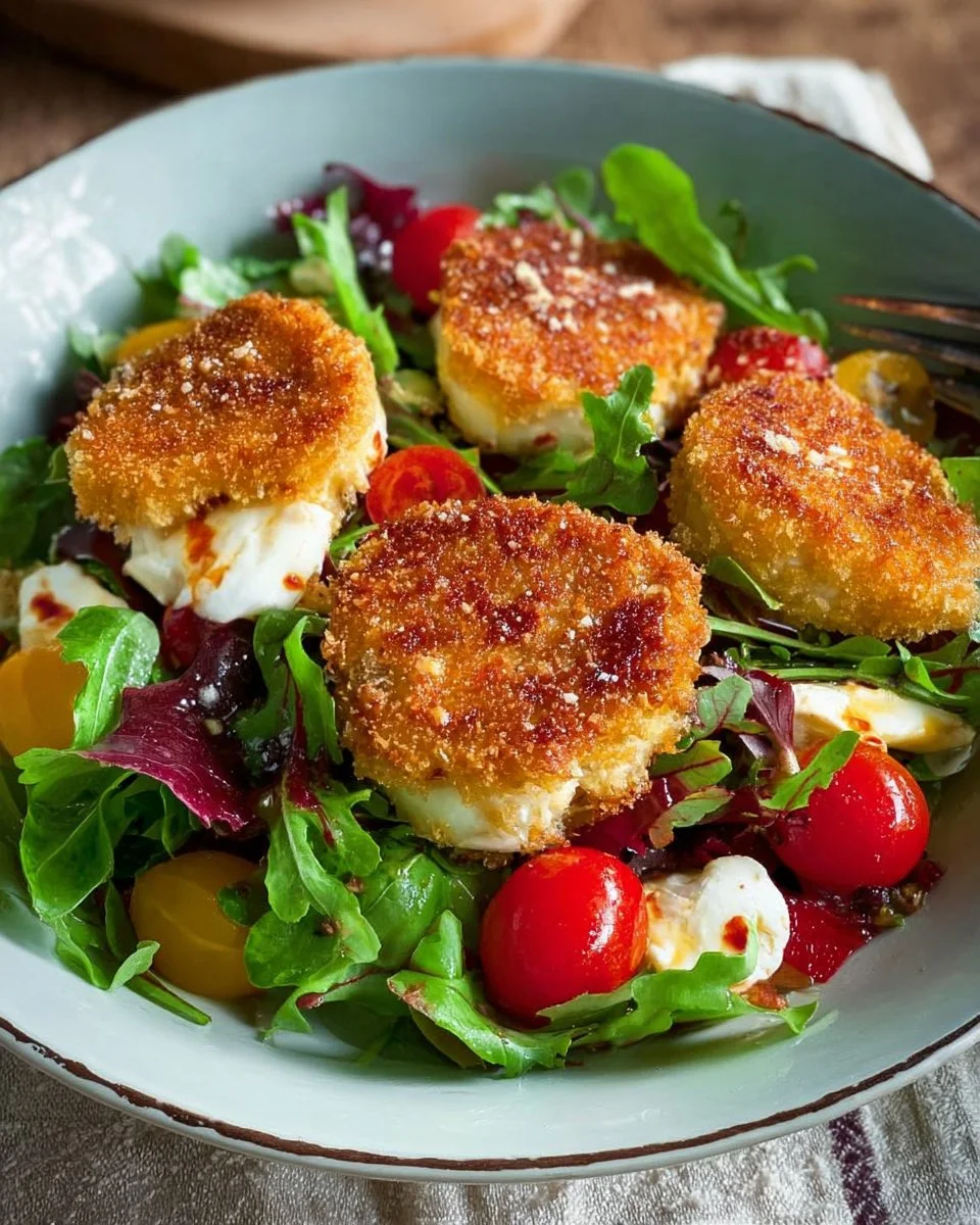 Crottin de chèvre pané servi sur un lit de salade fraîche