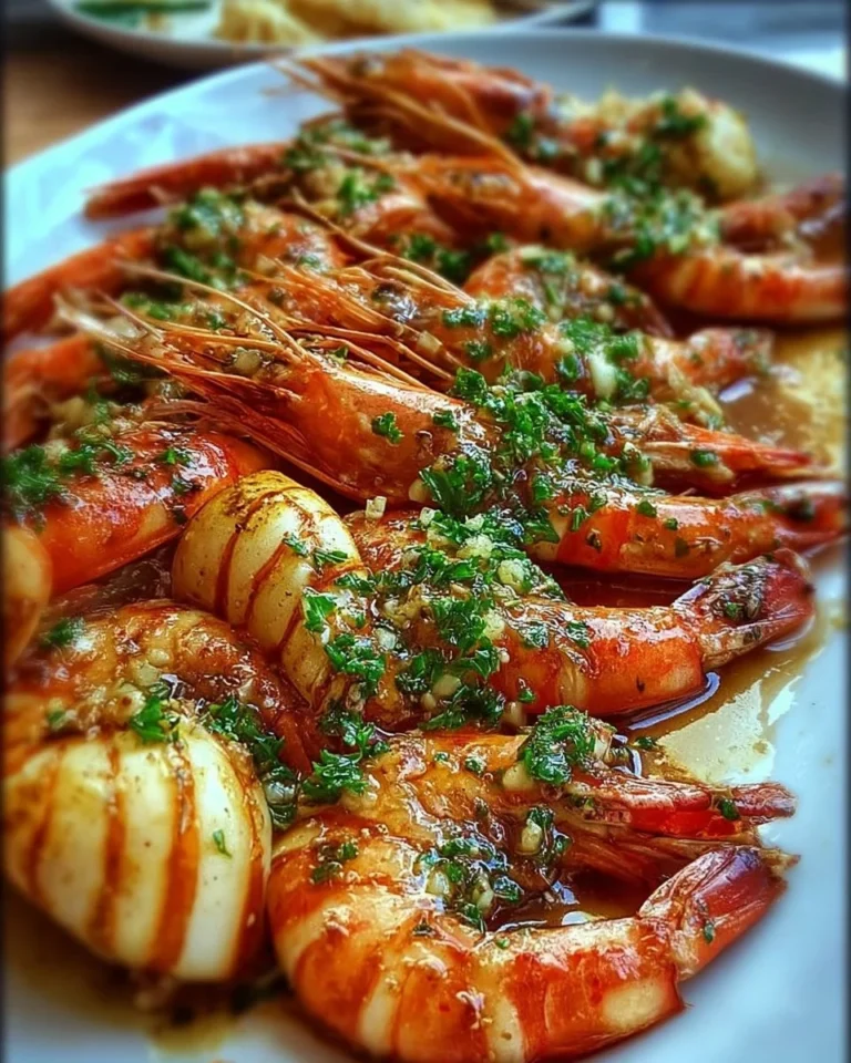 Gambas grillées au beurre d’ail et persil dans une assiette gourmande
