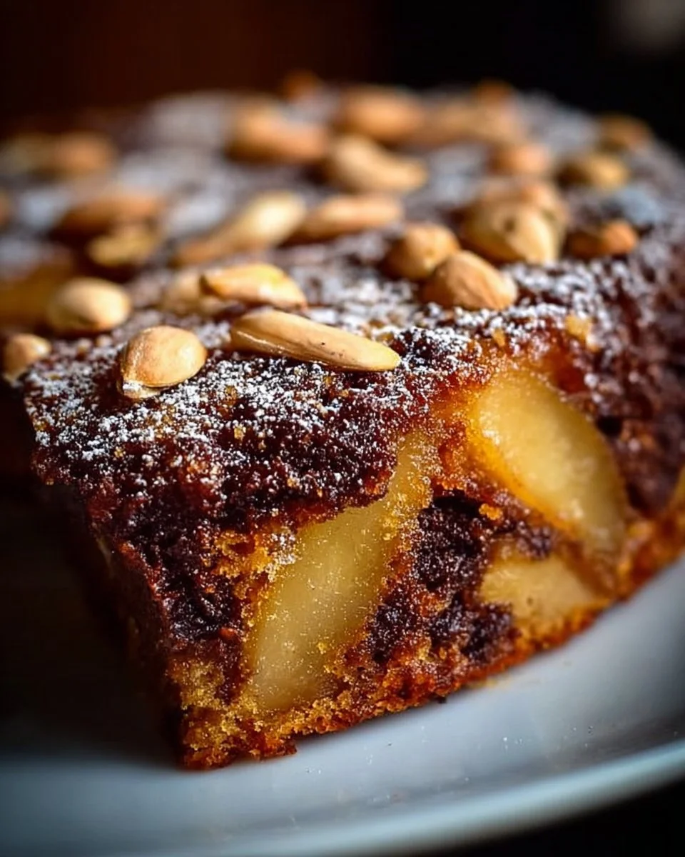 Gâteau au chocolat moelleux avec amandes et poires en décoration