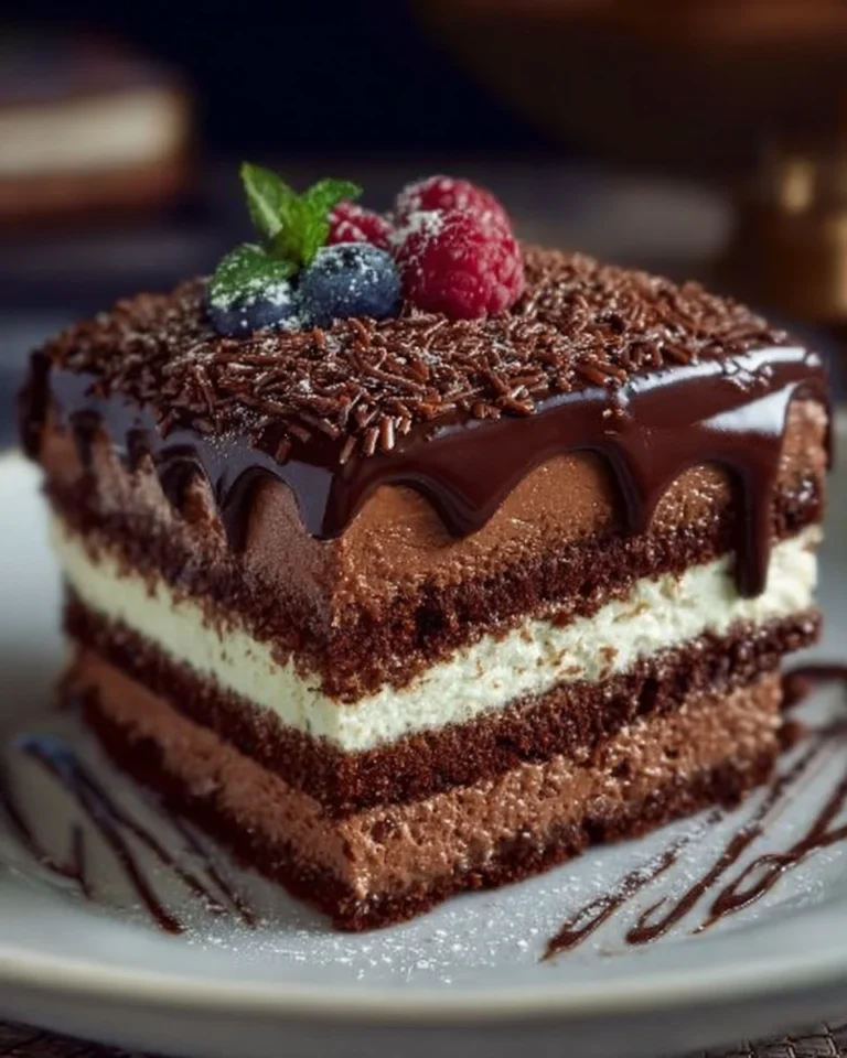 Gâteau au chocolat crémeux sans cuisson, dessert luxueux et facile à préparer.