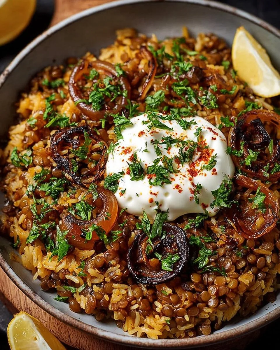 Plat de mujadara avec lentilles, riz et oignons frits, servi dans un bol.