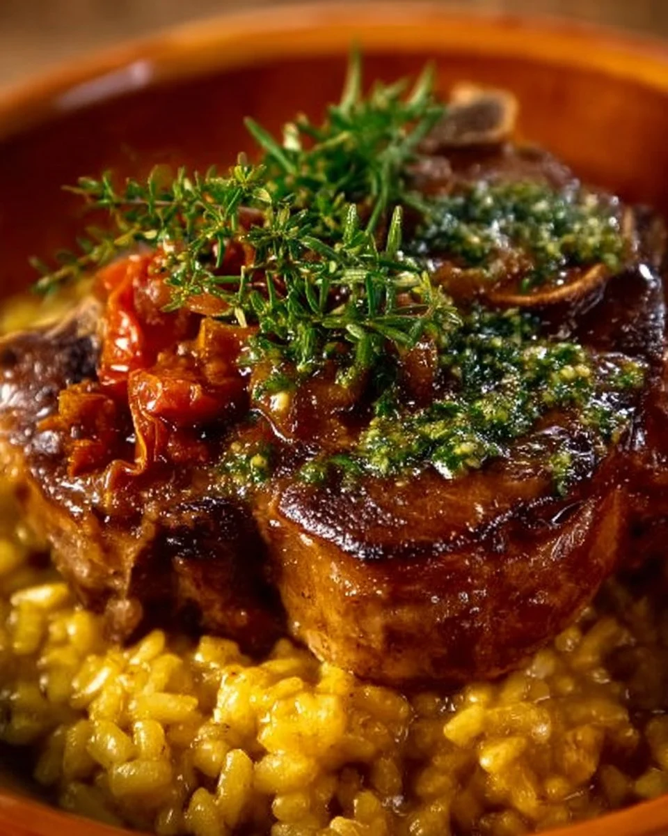 Osso bucco de veau prêt à être servi dans une assiette élégante.