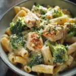 Pâtes crémeuses au poulet et brocoli dans un plat élégant