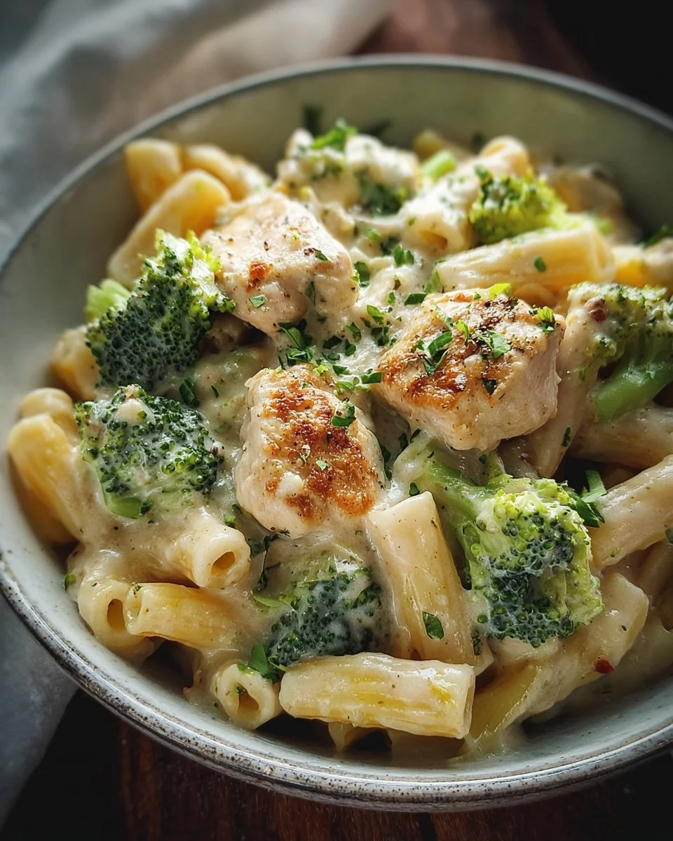 Pâtes crémeuses au poulet et brocoli dans un plat élégant