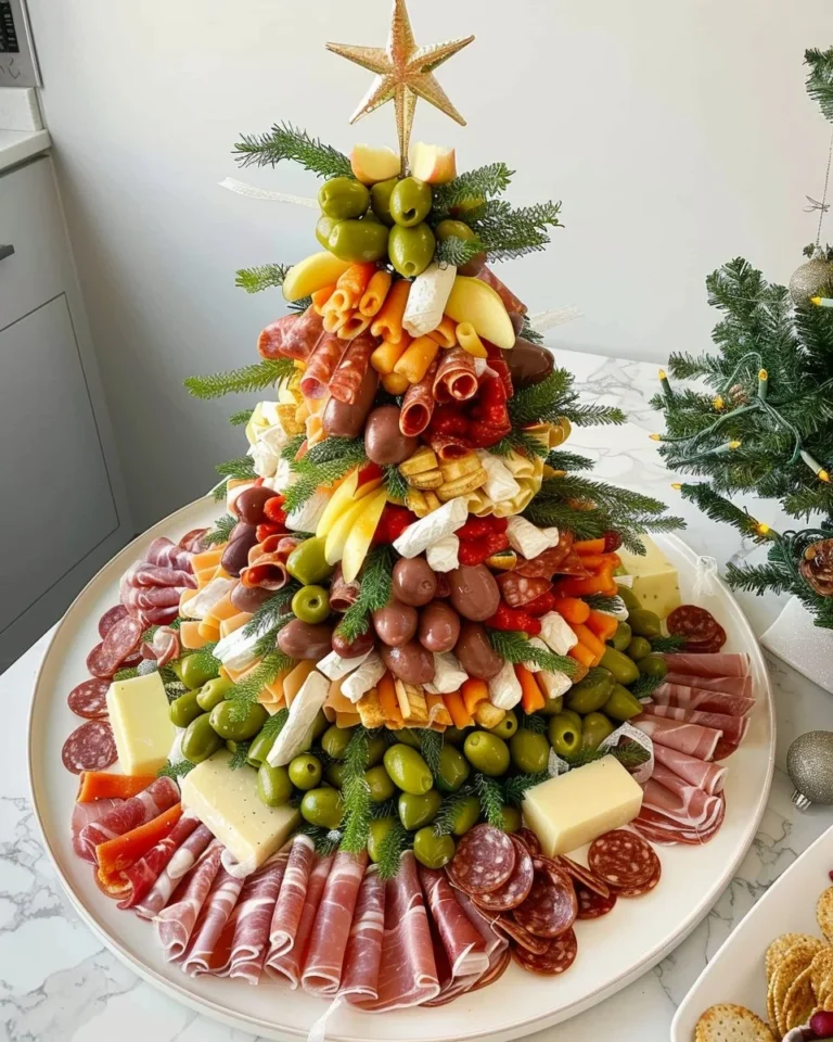 Plateau de charcuterie en forme d'arbre de Noël décoré avec des ingrédients frais.