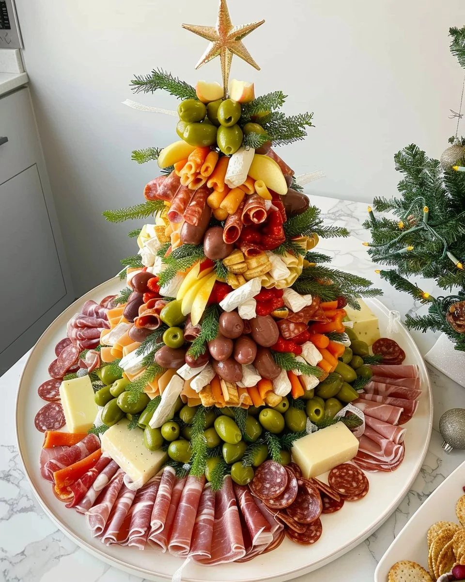 Plateau de charcuterie en forme d'arbre de Noël décoré avec des ingrédients frais.