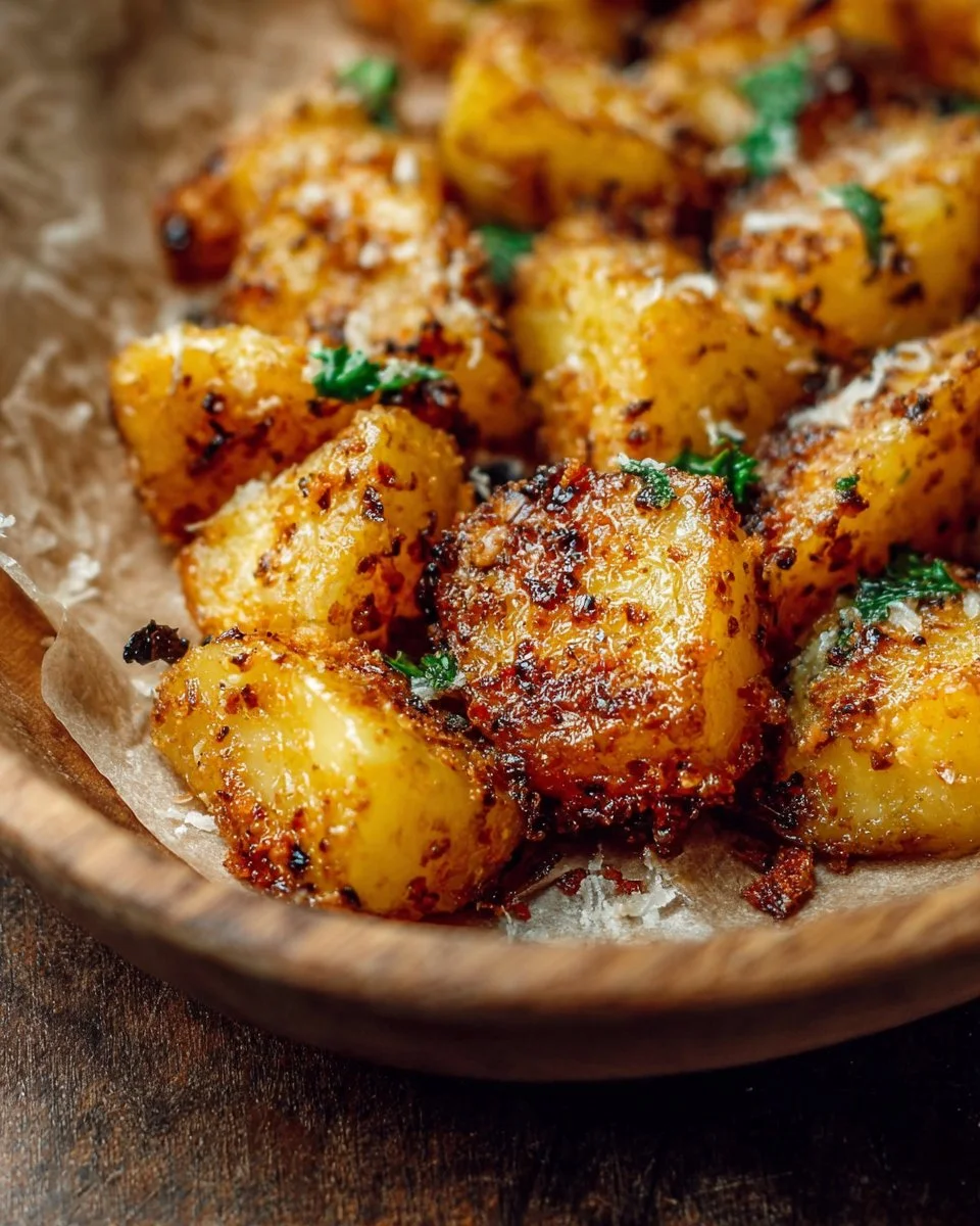 Pommes de terre croustillantes à l'ail et au Parmesan décorées sur une assiette