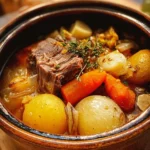 Un plat de Pot-au-Feu avec viande et légumes, emblème de la cuisine française.