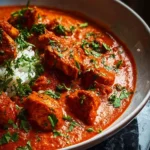 Plat de Poulet Tikka Masala garni de coriandre fraîche et accompagné de riz basmati.