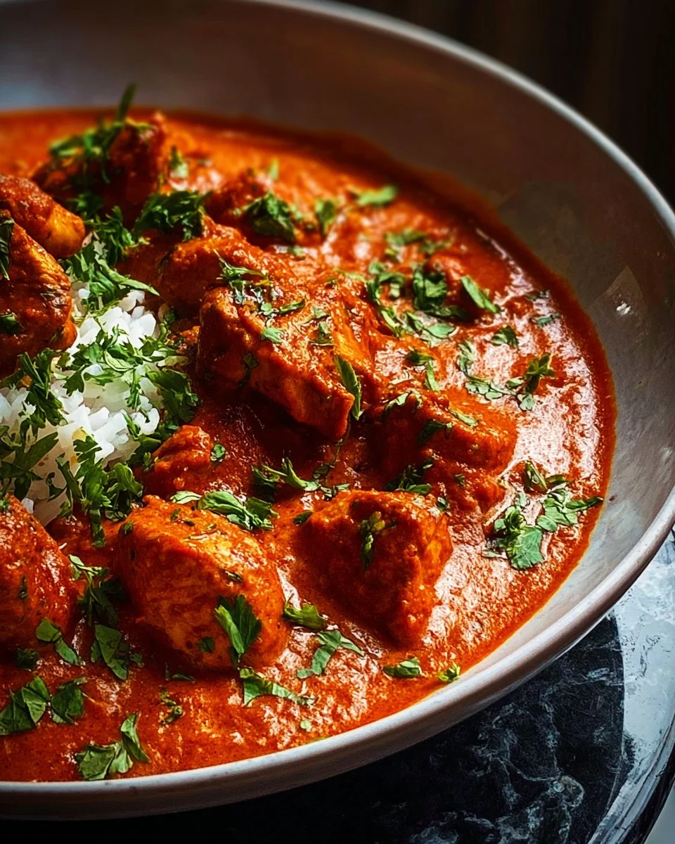 Plat de Poulet Tikka Masala garni de coriandre fraîche et accompagné de riz basmati.