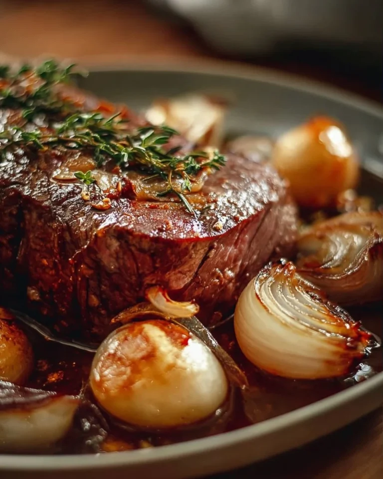 Rôti de boeuf aux oignons et miel, plat savoureux et réconfortant