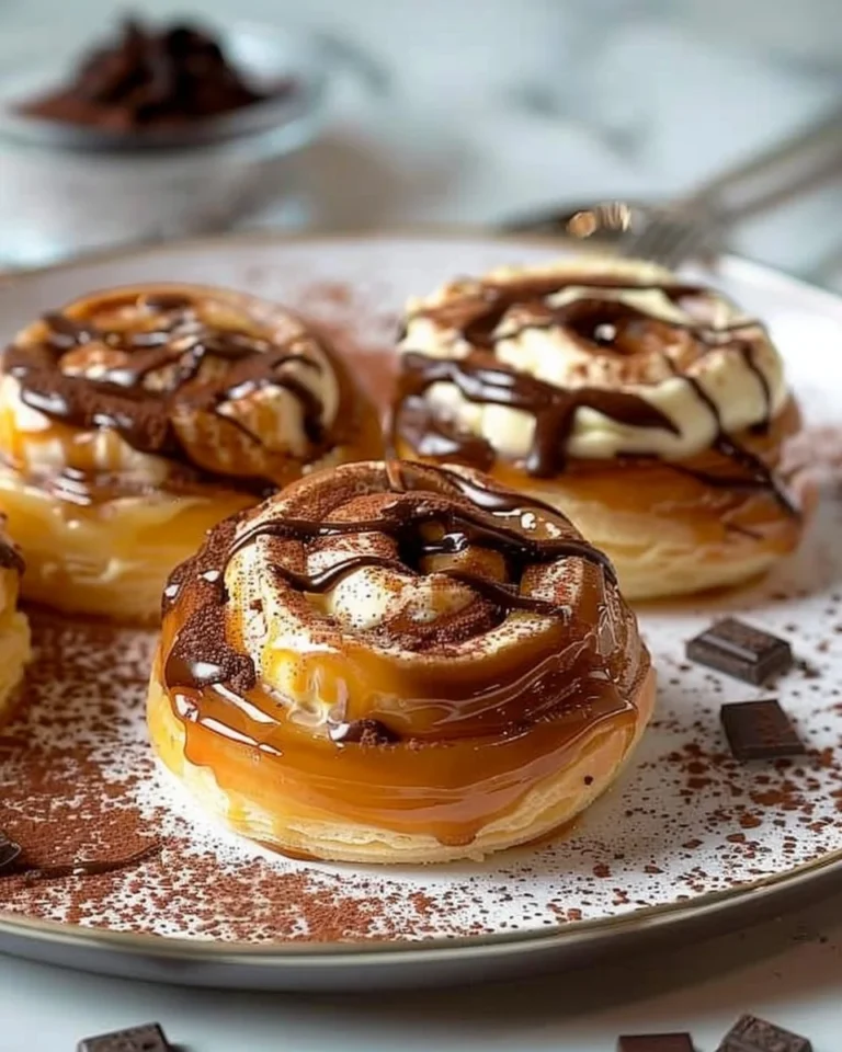 Roulés au chocolat avec crème pâtissière garnis sur une assiette.