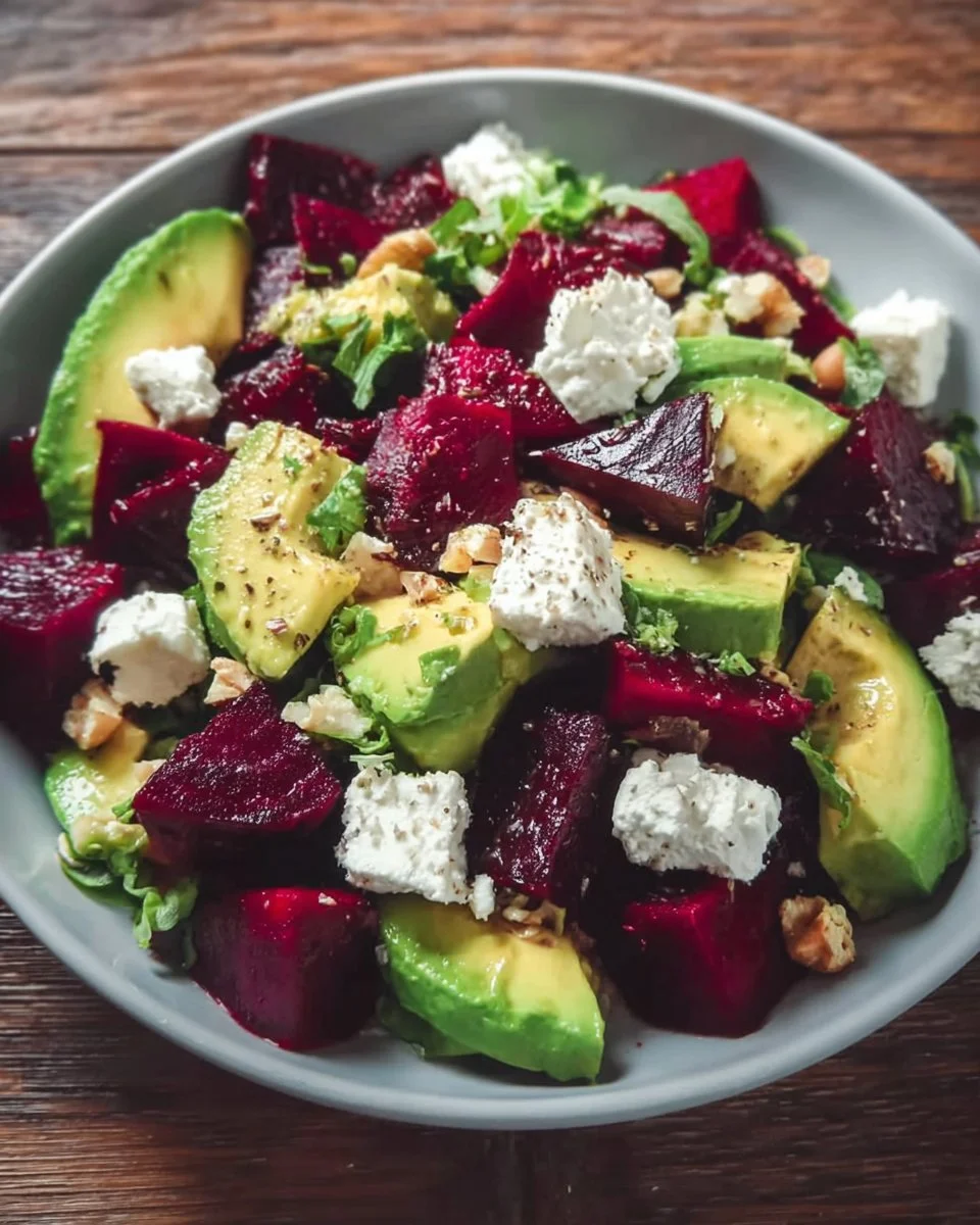 Salade de betteraves rôties avec avocat et feta, un plat sain et savoureux.