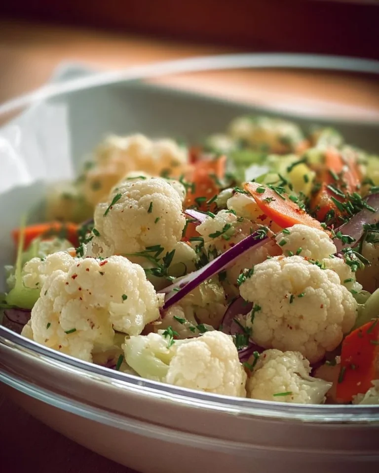 Salade de chou-fleur fraîche avec légumes colorés et vinaigrette légère.