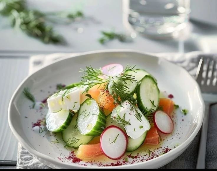 Salade de concombre allemande avec légumes frais et vinaigrette
