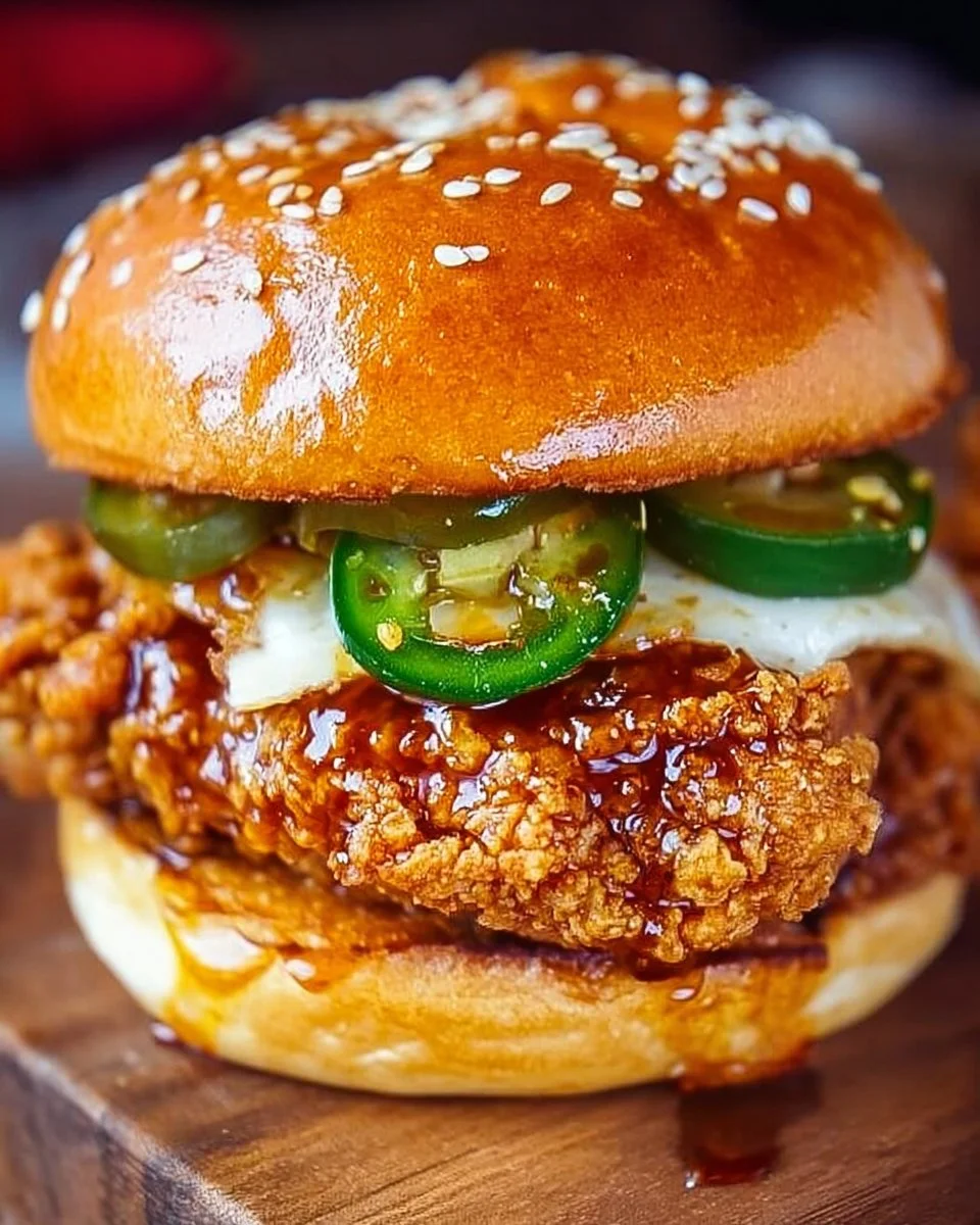 Sandwich poulet frit croustillant avec miel de jalapeño garni de légumes frais.