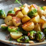 Sauté de choux de Bruxelles et pommes de terre, plat coloré et appétissant.