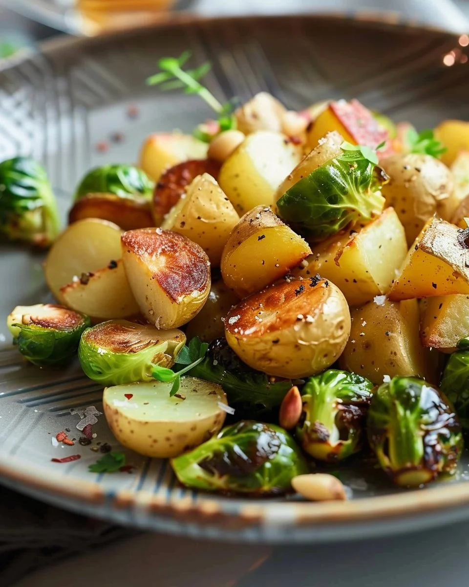 Sauté de choux de Bruxelles et pommes de terre, plat coloré et appétissant.