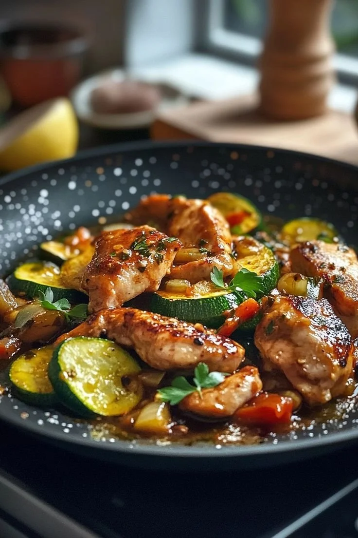 Sauté de poulet aux courgettes dans une sauce soja légère et savoureuse